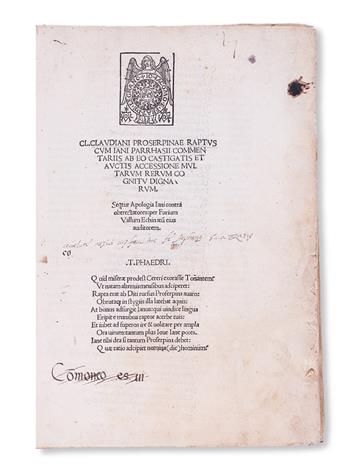 CLAUDIANUS, CLAUDIUS. Proserpinae raptus.  Part 1 (of 2).  1505.